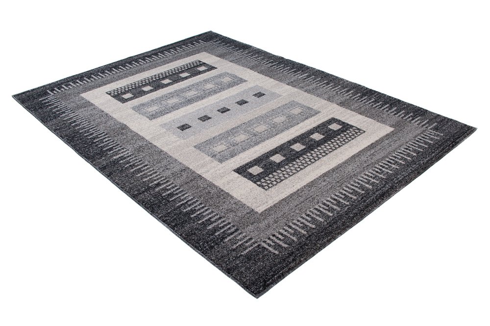 Tapiso® Dywan Sari z krótkim włosiem | melanżowy designerski dywan w kolorze szaro-białym, czarnym, z abstrakcyjnym wzorem w paski, karo, diamenty, idealny do salonu, pokoju gościnnego, jadalni, Ökotex 140 x 190 cm