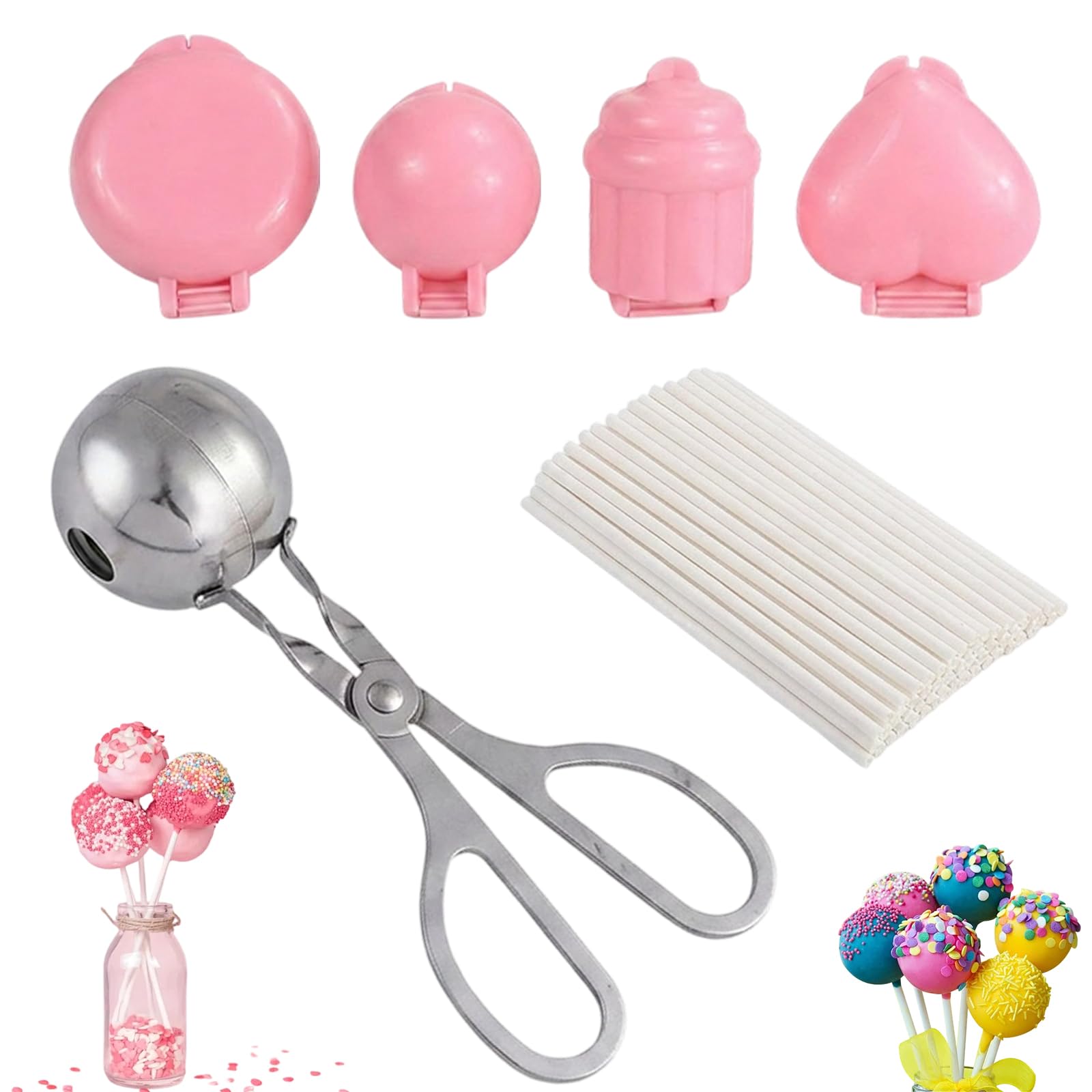 4PCS Cake Pop Mould, 100 White Paper Sticks, 1 Stainless Steel Ball Maker, Complete Cake Pop Kit for Family Baking, Party Celebrations, Creative Dessert Making, Cake Pop Mould with Sturdy Accessories