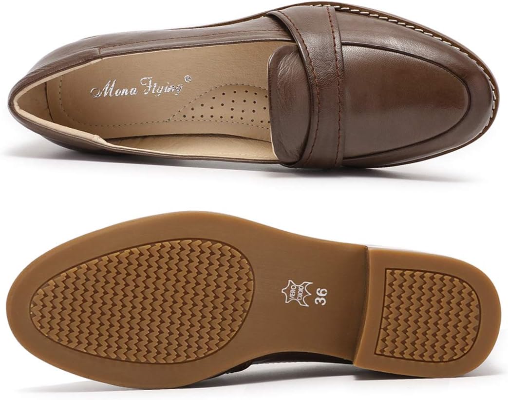 Mona flying Women's Leather Dress Penny Loafers Slip On Flats Office Ladies Casual Shoes - Image 4