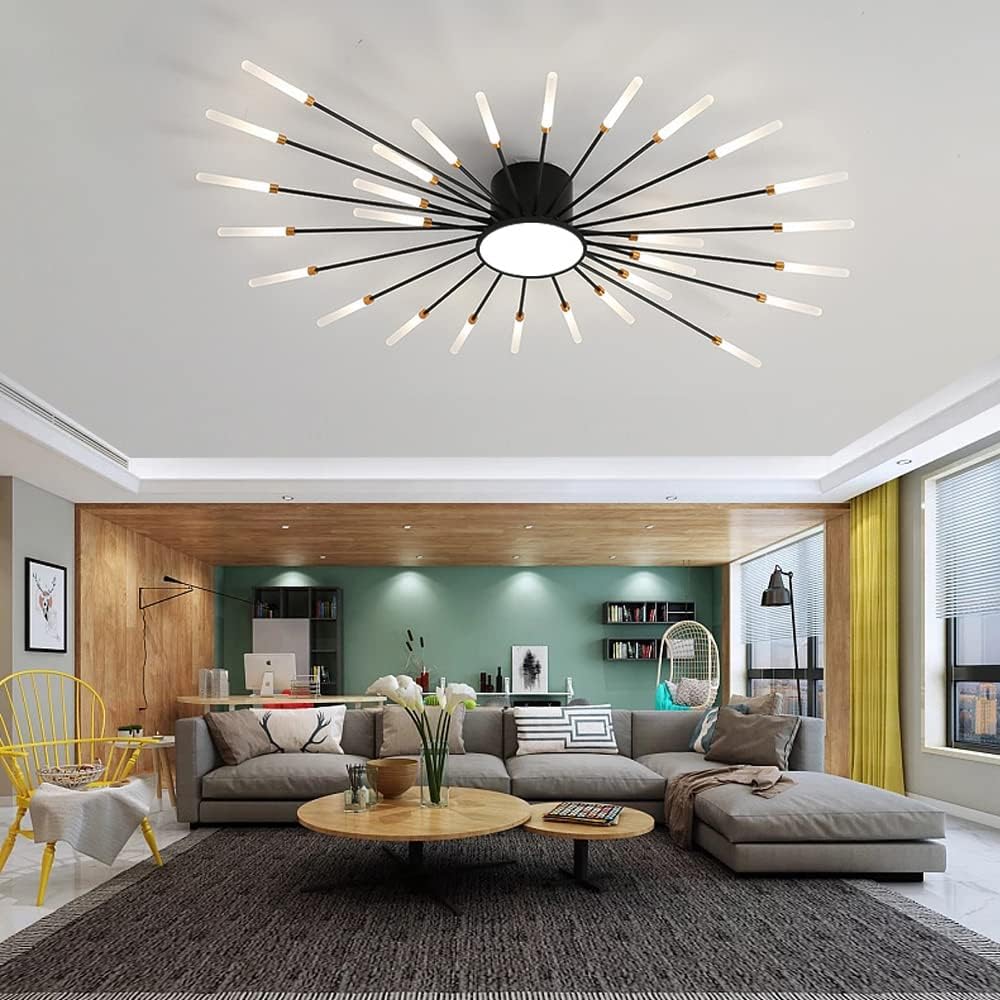 Lampa sufitowa LED 42 cali, możliwość ściemniania, 28 świateł, styl wpuszczany, czarny, do sypialni, jadalni, salonu, efekt fajerwerków.