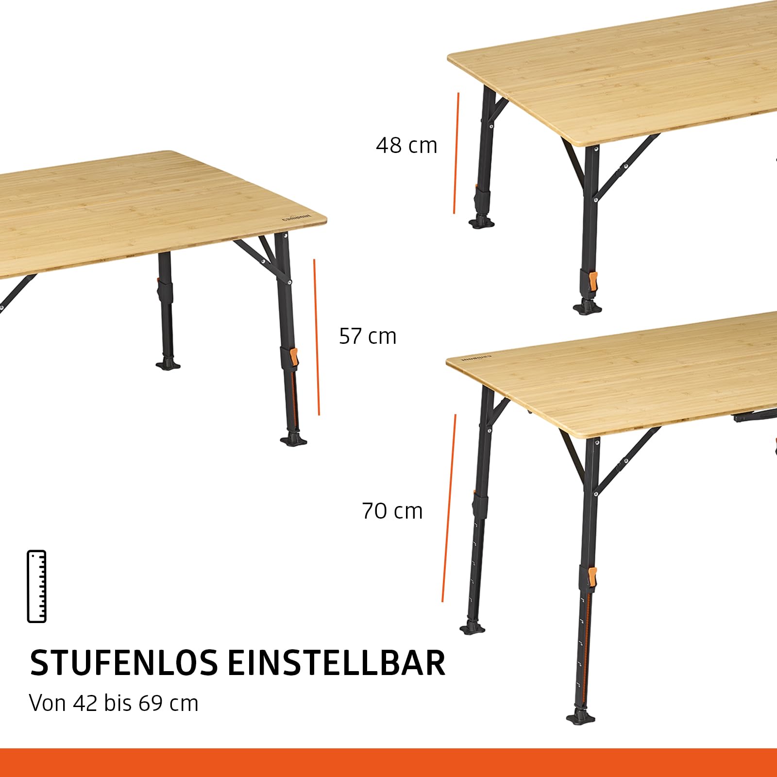 Campout Campingtisch - 120 x 70 x 70 cm - Gartentisch - Klappbarer Campingtisch - Klapptisch - 3-Fach Höhenverstellbar - Inkl. Tragetasche - Bambus