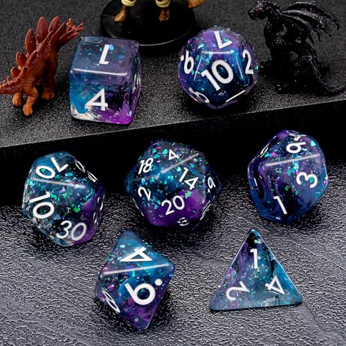 Resin Dice Set,Polyhedral Dice Gliter Inclusion Dice,RPG D&D Dice Set for Dungeons and Dragons MTG RPG Role Playing Games Black Blue Purple