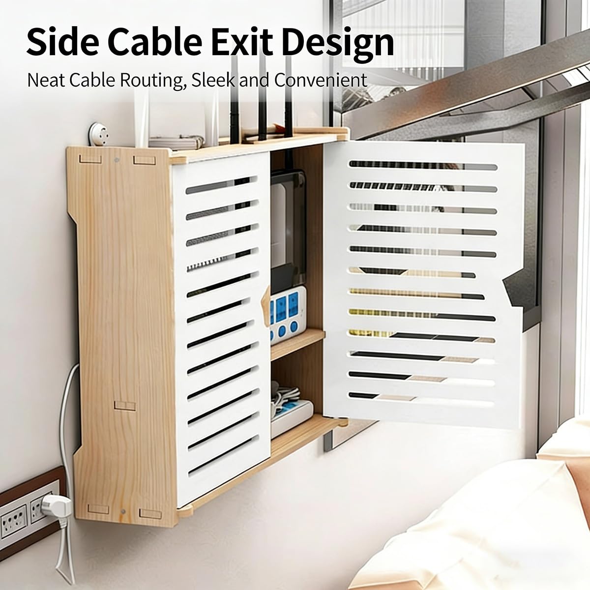 Organisateur de routeur Mural，Support WiFi en Bois avec Dissipation Thermique, Gestion de câbles et sans perçage pour Modem, décodeur TV, Salon(42x38CM16.5x15in)