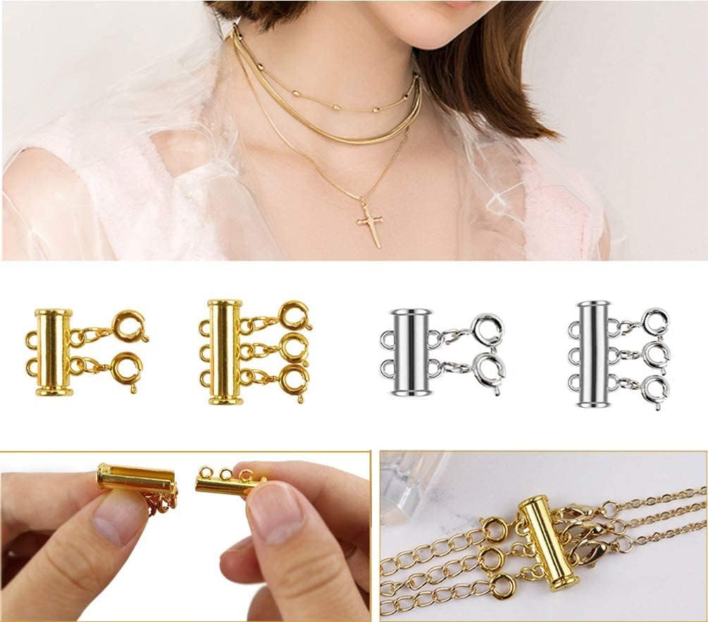 kcctoo 4 Pieces 2 Sizes Slide Clasp Lock for Necklace - Gold and Silver Plated Magnetic Tube Lock Connectors for Layered Bracelet Jewelry Multi Strands Crafts Necklace Spacer Clasp (4PC)