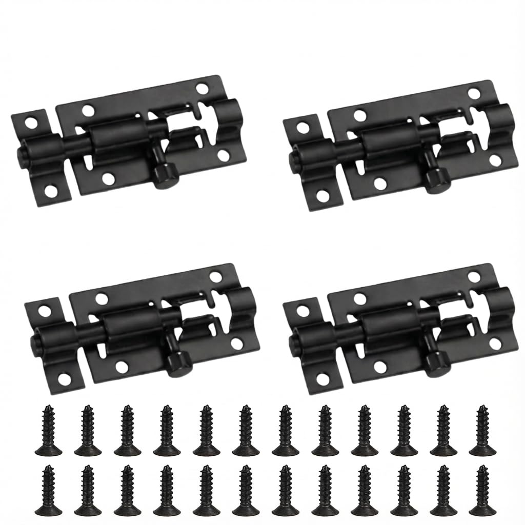 4 Pack Stainless Steel Bolt Lock 2 Inch Door Lock Sliding Bolt Latch Locks with Screws Safety Sliding Door Bolts for Internal Doors Bedroom Bathroom Gate Cabinets Warehouse Fence, Black