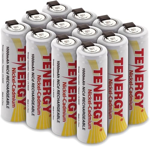 Tenergy Batería recargable AA NiCD de 1.2 V, baterías de alta capacidad de 1000 mAh con pestañas para afeitadoras, recortadoras, maquinillas de