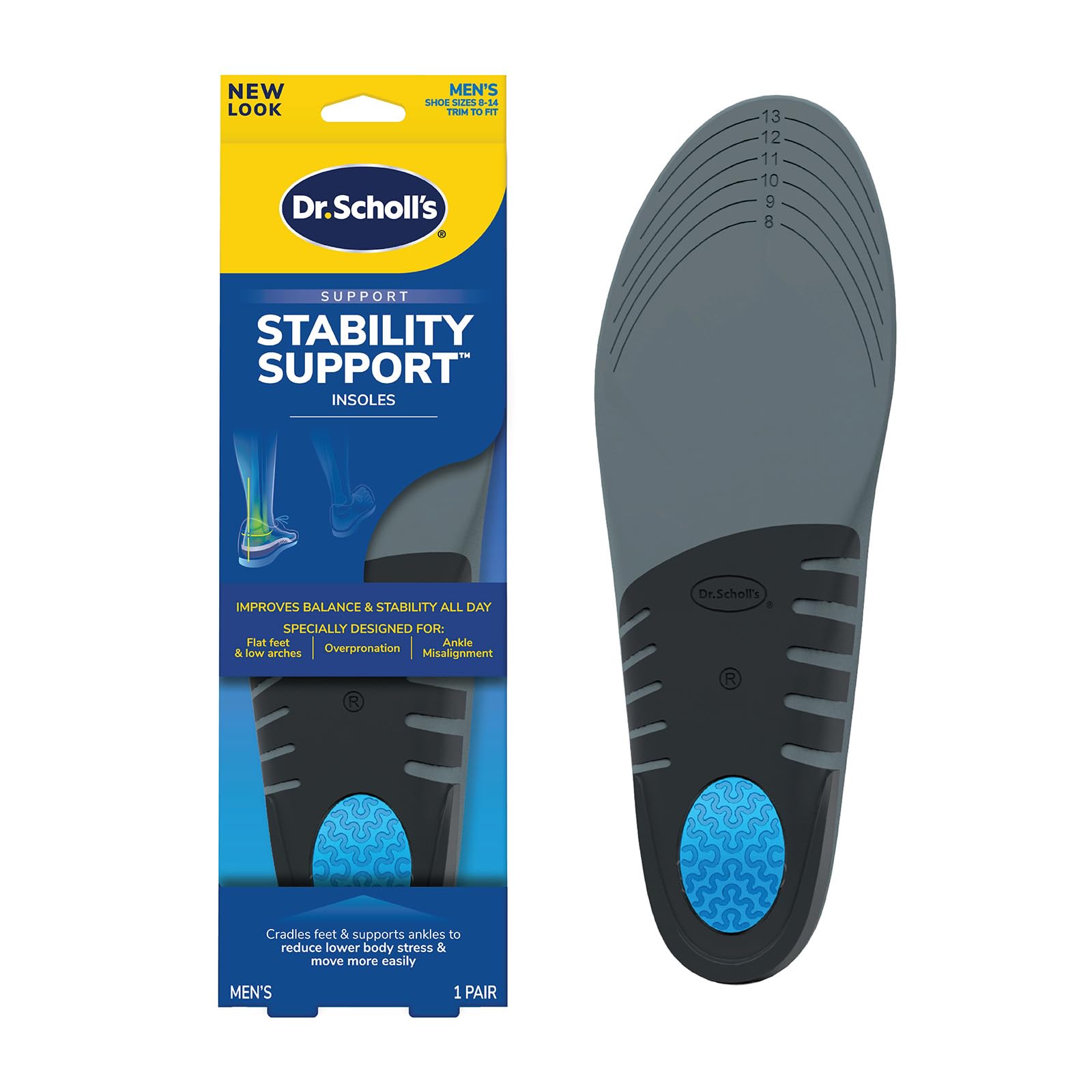 Dr. Scholl's Stability Support Insoles, Flat Feet & Overpronation Low Arch Support, Improves Balance & Stability, Motion Control, Trim Inserts to Fit Shoes, Men's Size 8-14