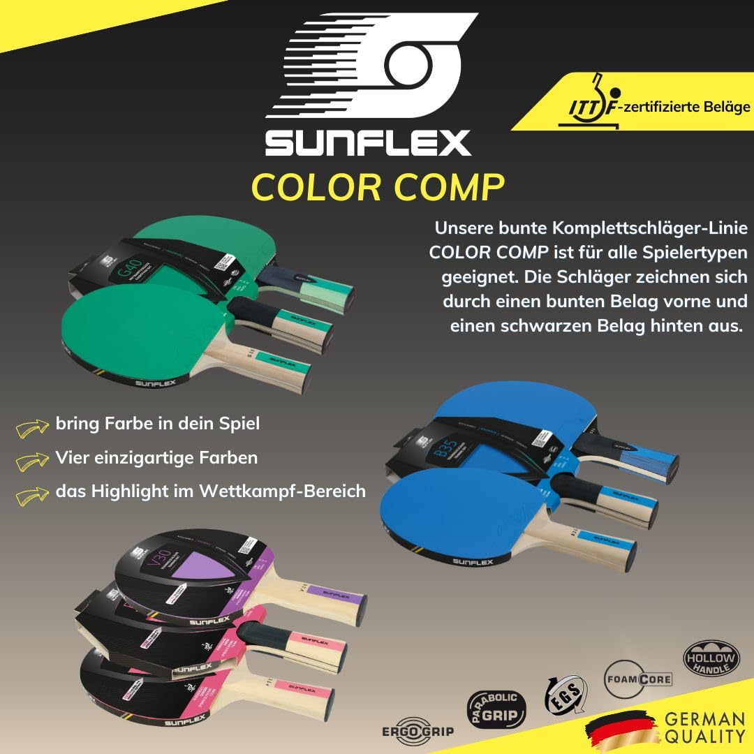 Sunflex® Color COMP G50 Tischtennisschläger | Tischtennis Racket Bat TT Profi Wettkampfschläger | anatomischer Griff | ITTF zertifizierter grüner Belag | für Profis & Vereinsspieler