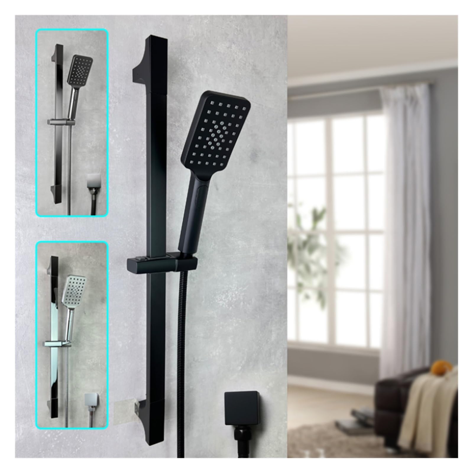 Juego de barra deslizante de acero inoxidable para baño con ducha de mano ABS de 3 funciones con salida de conector de latón, metal negro, gris, blanco, 1,5 m Hos (color: negro con salida) Beauty