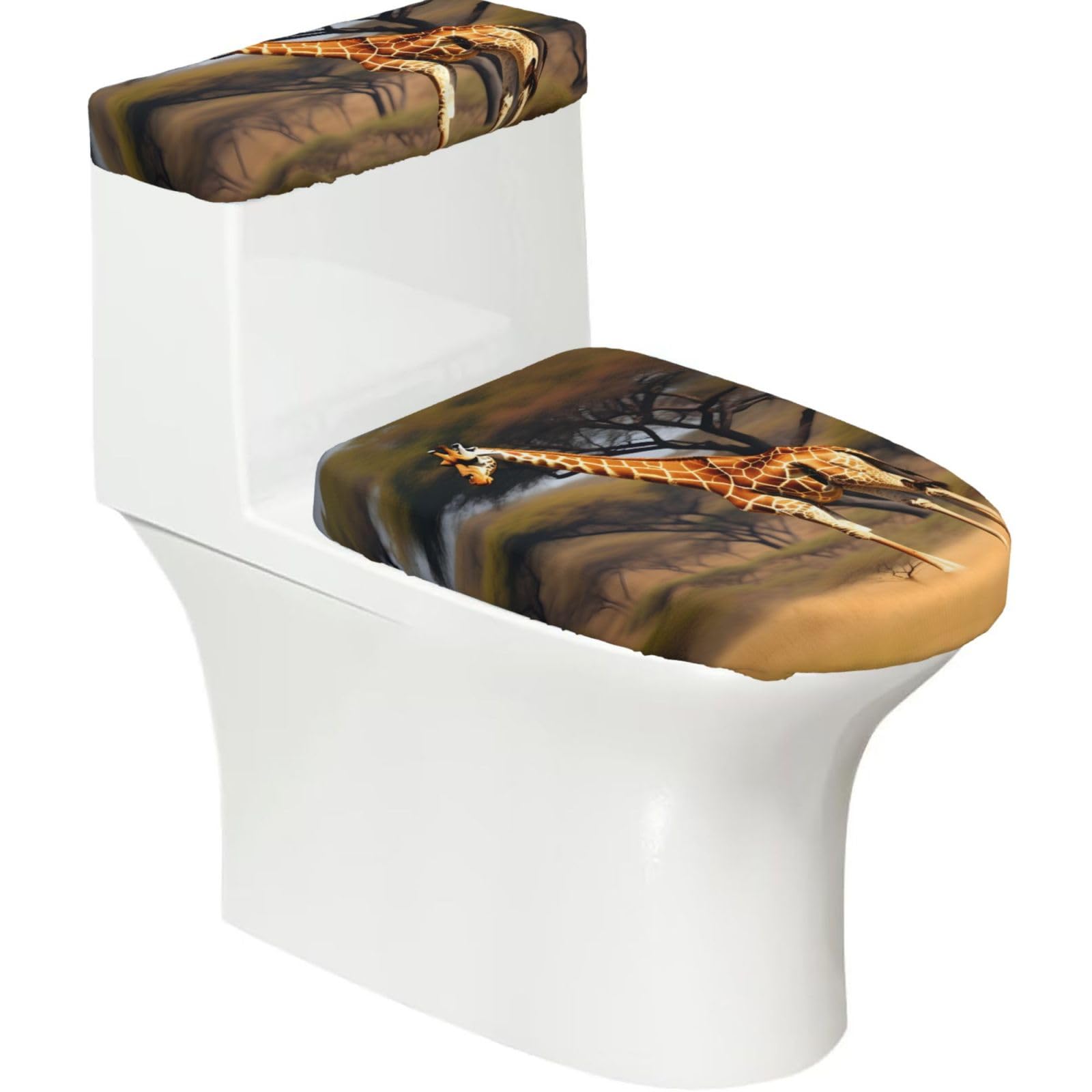 Africa Giraffe Majestic Tree Printed Toilet Tank and Lid Cover Set of 2 for Most Bathrooms, Fits Elongated Round Toilets