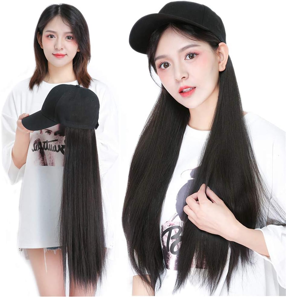 MISS LIRENN® Long Synthetic Hat Wig 22 Inch Baseball Cap Straight Hair Extensions with Black Cap Long Synthetic Extension Hair Integrate Cap with Hair for Women (Black Color) (Black)-image-37
