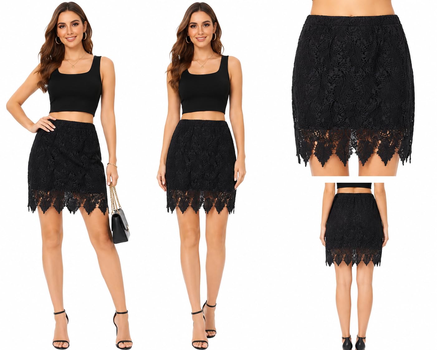 Women's Black Lace Mini Skirt High Waist Floral Crochet-picture-45