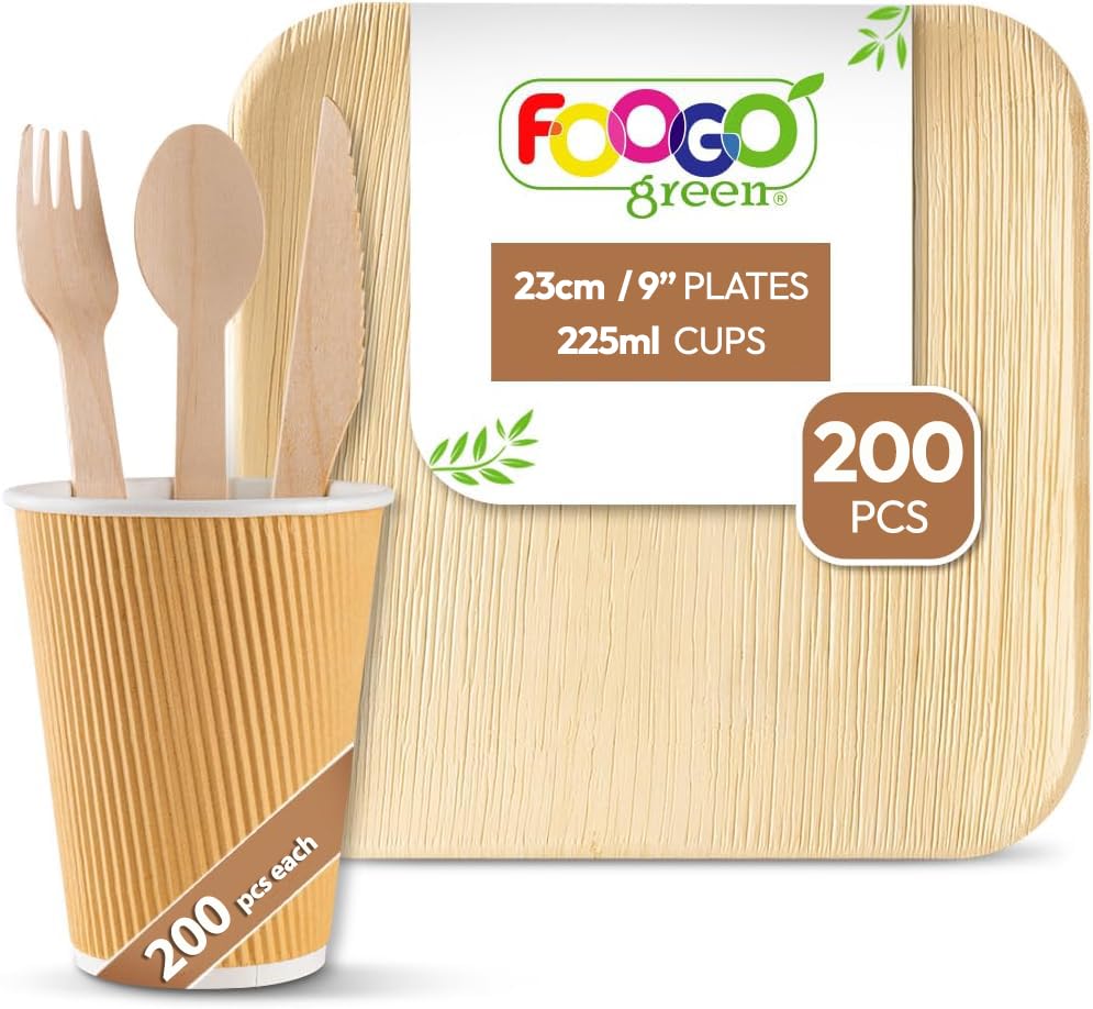 FOOGO Green 1000pcs Disposable Palm Leaf Plates, Paper Cups and Wooden Cutlery Set, FSC® Certified, 200x Large Square Plates, 200x Cups, 200xForks, 200xKnives, 200x Spoons, Eco Friendly