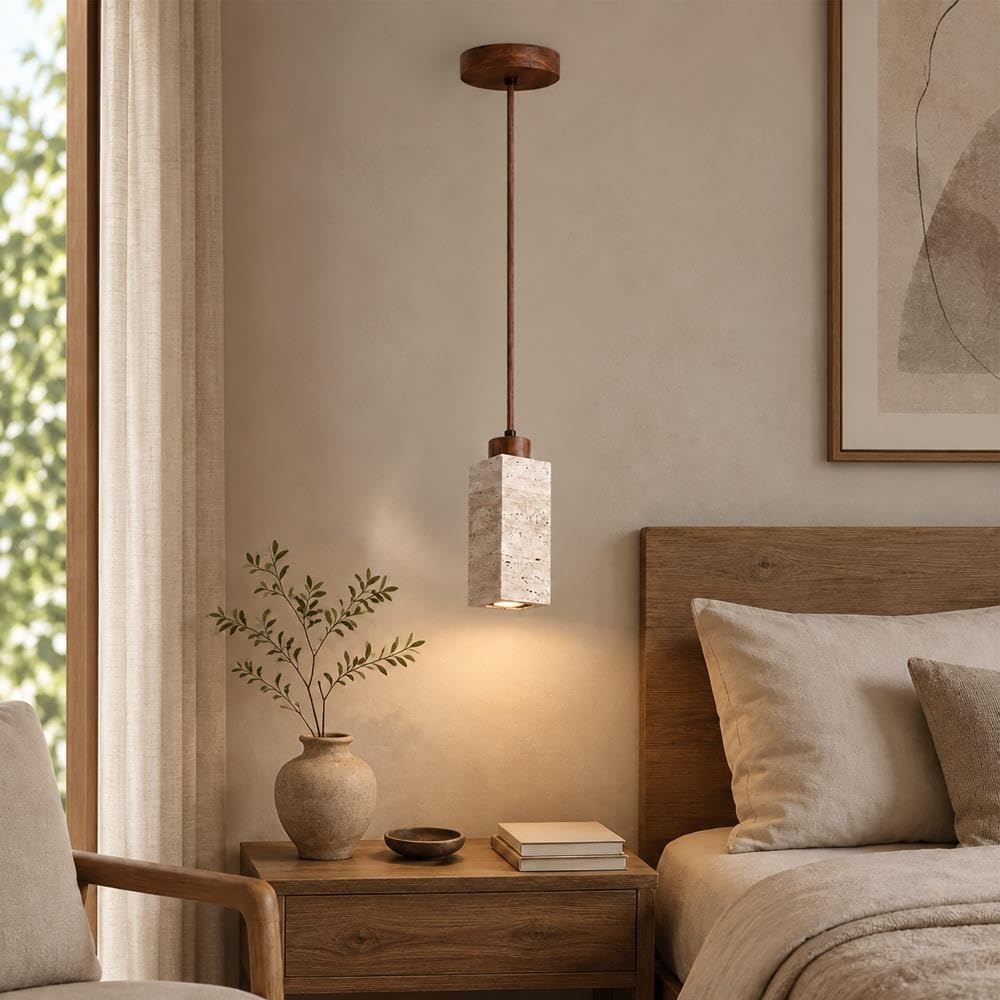 Lampa Wisząca Z Trawertynu Wabi-Sabi Naturalnego Kamienia I Drewna, E27