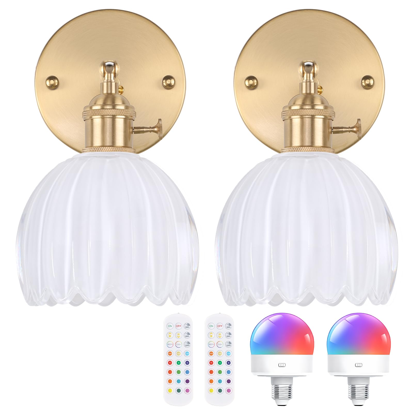 Vintage Battery Operated Wall Sconce with Cute White Tulip Glass Lampshade Wireless Rechargeable Battery Powered Wall Light with Remote Control for Bedside Bedroom Doorway, Set of 2