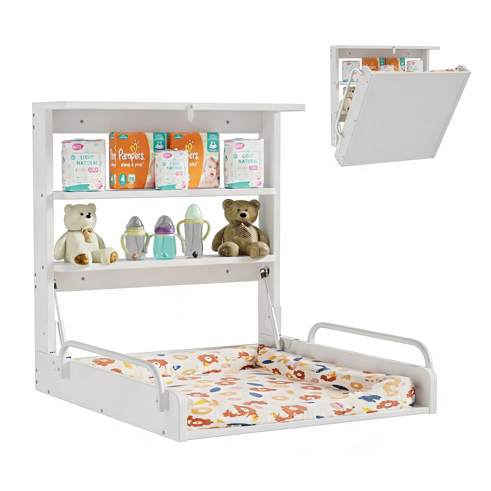 MSFE Wickelkommode Wickeltisch Klappbar, Baby Changing Table Wandwickeltisch mit 3 Regalfächern, Holz weiß