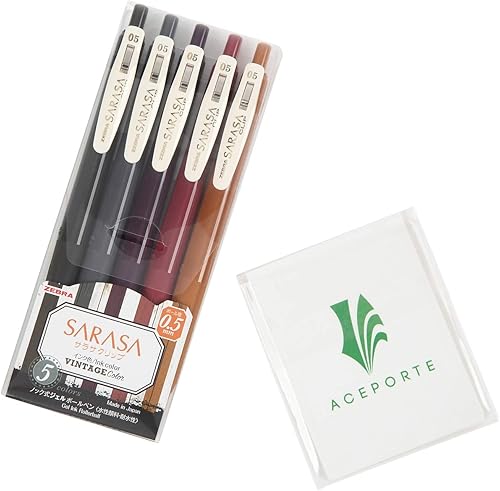 Zebra Sarasa Clip Juego de 5 colores vintage (JJ15-5C-VI2) Bolígrafo de gel con clip de empuje con tecnología de tinta seca de alta velocidad, con
