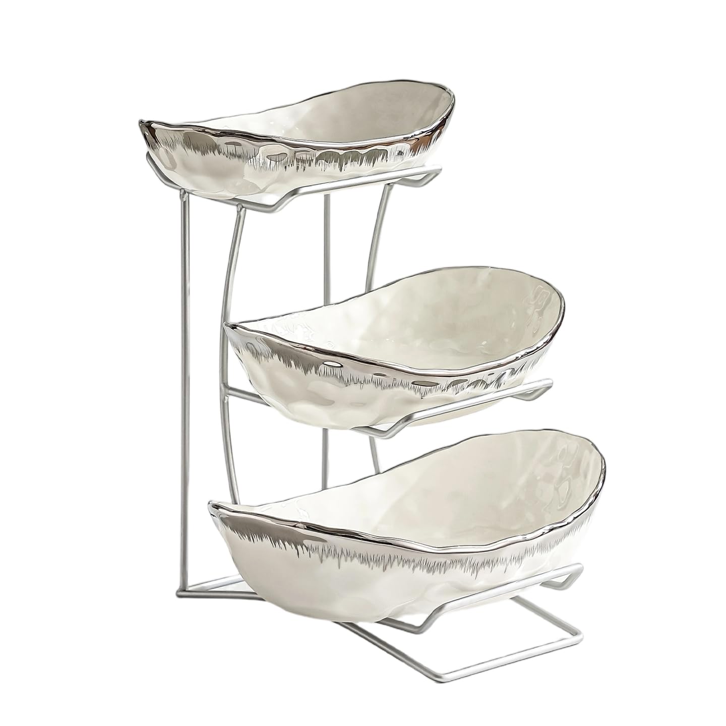 kiss me 3 Tier Fruit Bowl for Kitchen Counter, Ceramic Food Basket with Metal Stand, Tiered Fruit Basket for Fruit Storage, Snack, Nuts, Cake, Dessert Party Wedding Storage Holder (3-Tier Silver)