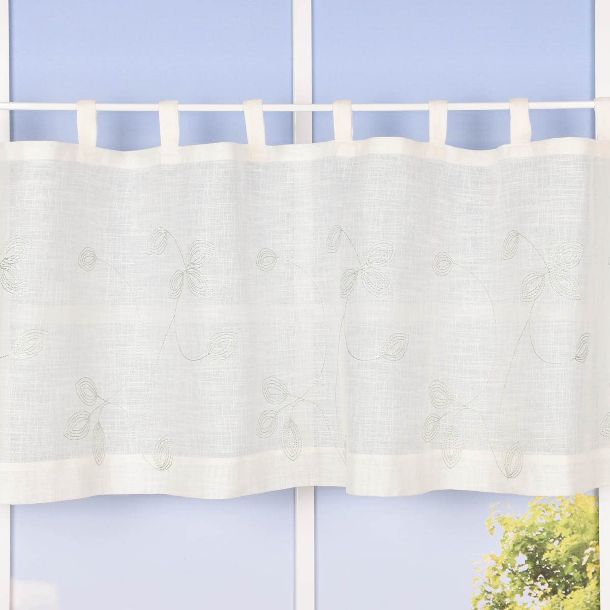 SCHÖNER LEBEN. Rideau brise-bise bio en coton bio avec broderie feuilletée - Structure en lin - Blanc laineux - Vert - 150 x 50 cm
