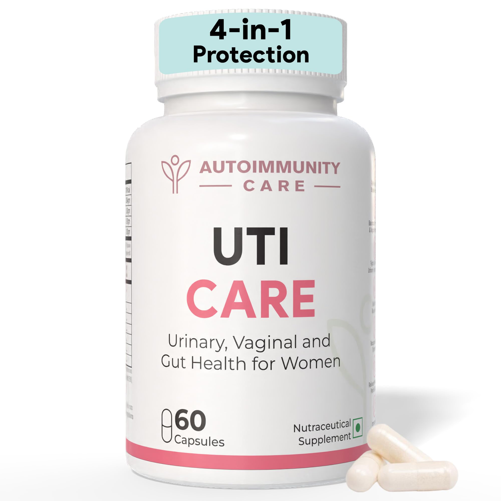 Autoimmunity Care: UTI Care - Women’s probiotics for optimal urinary and vaginal microbiome | Cranberry extract, D-Mannose, Lactobacillus Acidophilus, Lactobacillus Rhamnosus, Lactobacillus Crispatus, Lactobacillus Gasseri, Lactobacillus Jensenii | For Women's Urinary & Vaginal tract microbiome, Gut and Immune health | 60 capsules