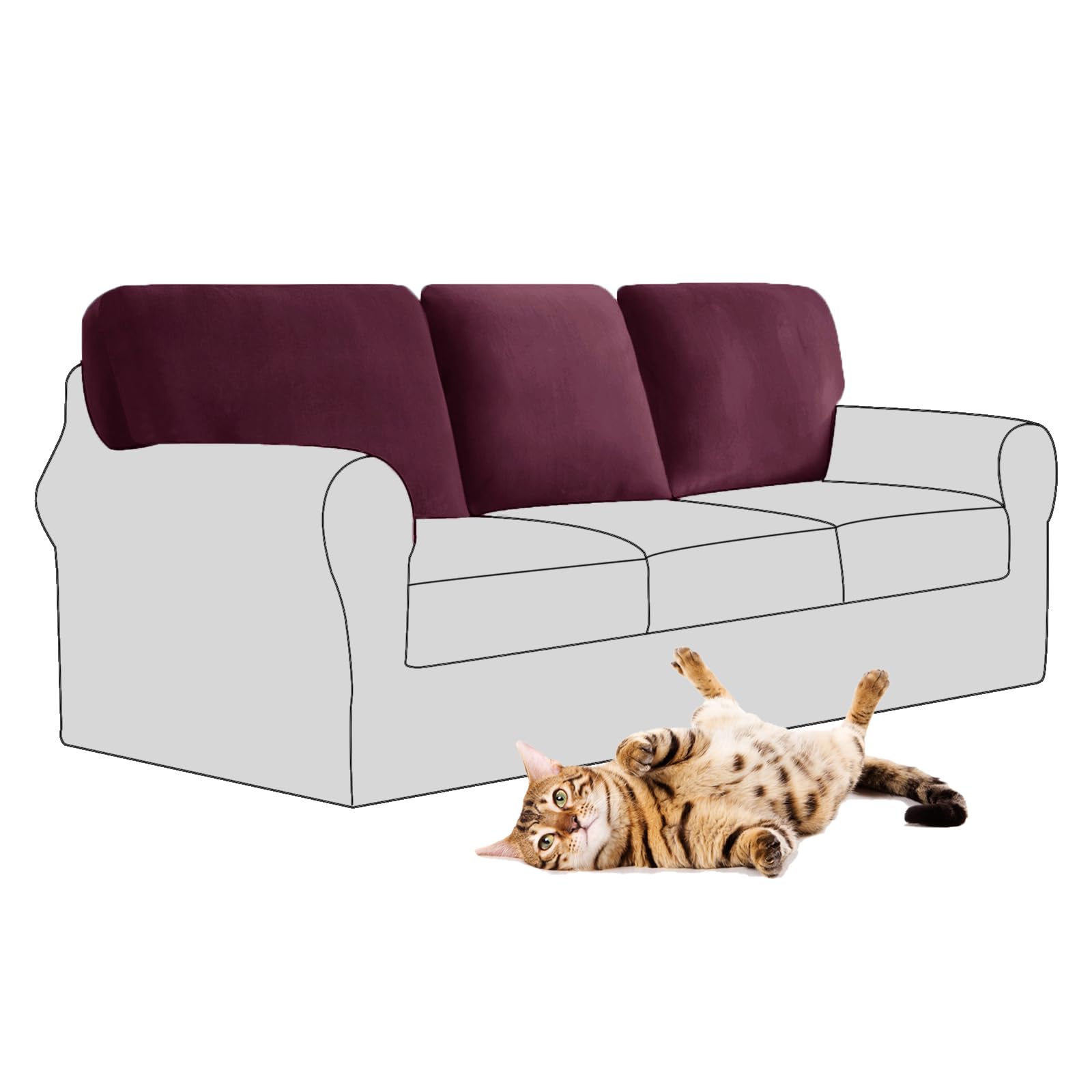 SYLC Stretch Velvet Sofa Backrest Cover, Back Cushion Covers Non-Slip Sofa Cushion Slipcovers for Couch Chesterfield Caravan RV Dinette (Prune,3 pcs Square M)