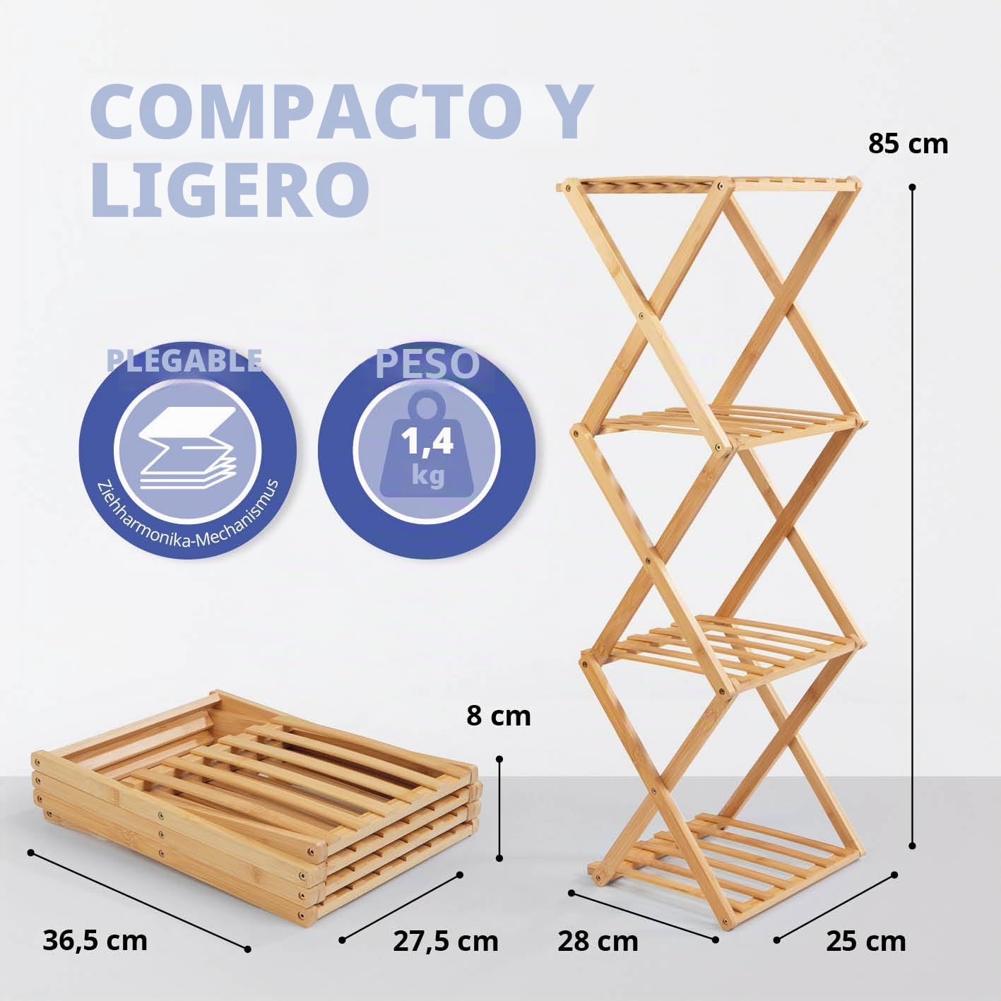 Lumaland Estantería de bambú Plegable de 4 Niveles, Ideal para guardarropa, en el baño y como estantería de Cocina, estantería para decoración, sin Montaje, Estrecha, Ahorra Espacio, 28 x 25 x 85 cm
