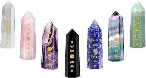 Rockcloud Paquete de 7 puntas de cristal grabadas en fase lunar, eclipse lunar, piedra hexagonal de bolsillo para meditación Reiki decoración
