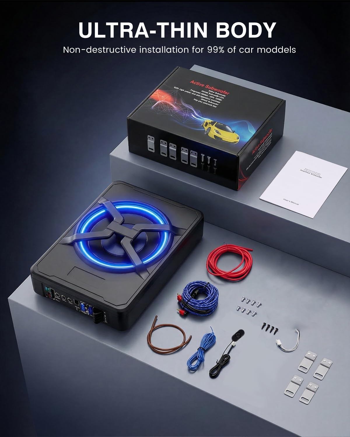 Subwoofer attivo per auto, si adatta sotto i sedili, potenza massima 1200 W, 10 pollici, con illuminazione ambientale, modulo amplificatore integrato, subwoofer compatto e potente.