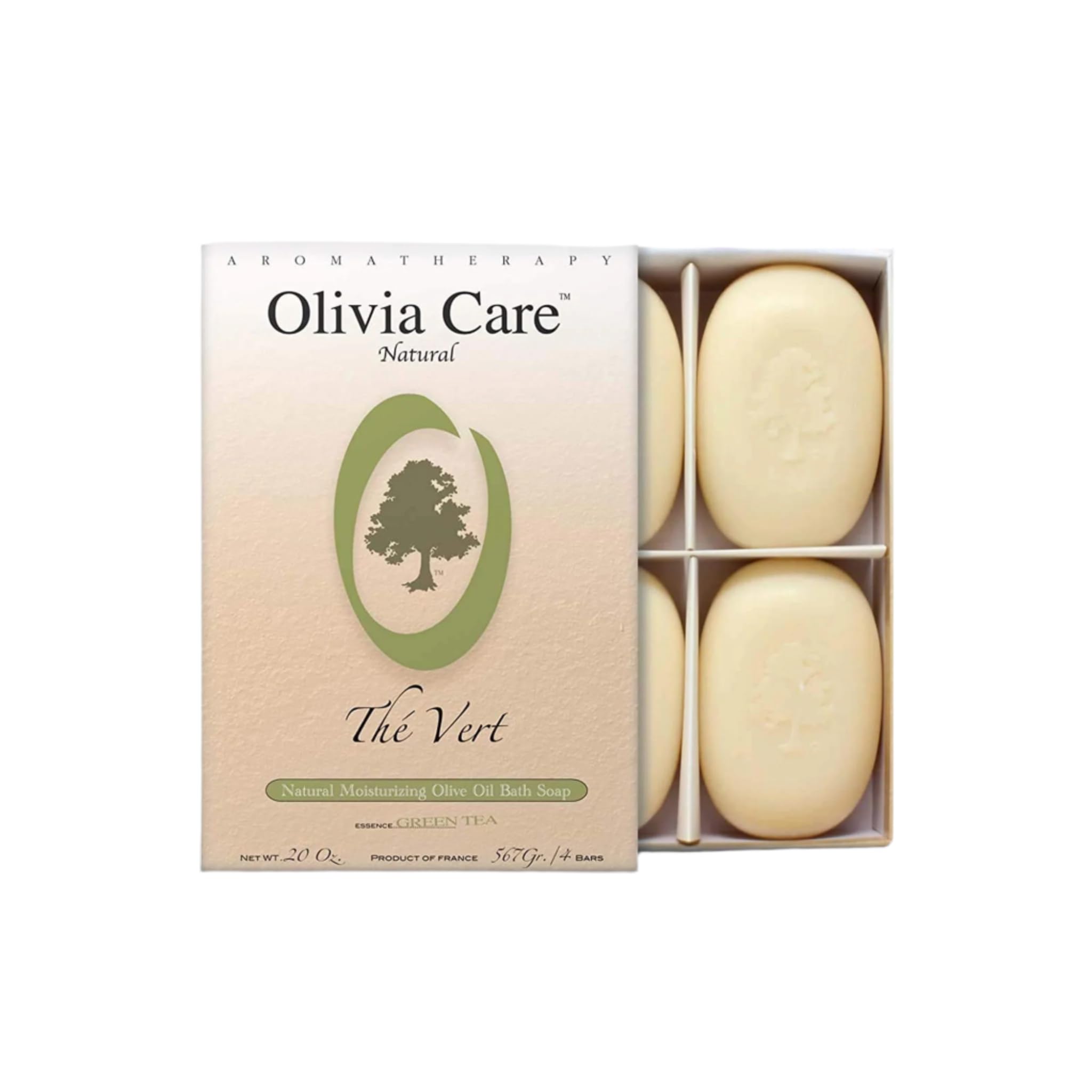 Olivia Care Bath & Body Bar Green Tea Soap 4 Pack Gift Box Organic, Vegan & Natural Contains Olive Oil Repairs, Hydrates, Moisturizes & Deep Cleans Good for Sensitive Dry Skin Made in USA 4 bars(Pack