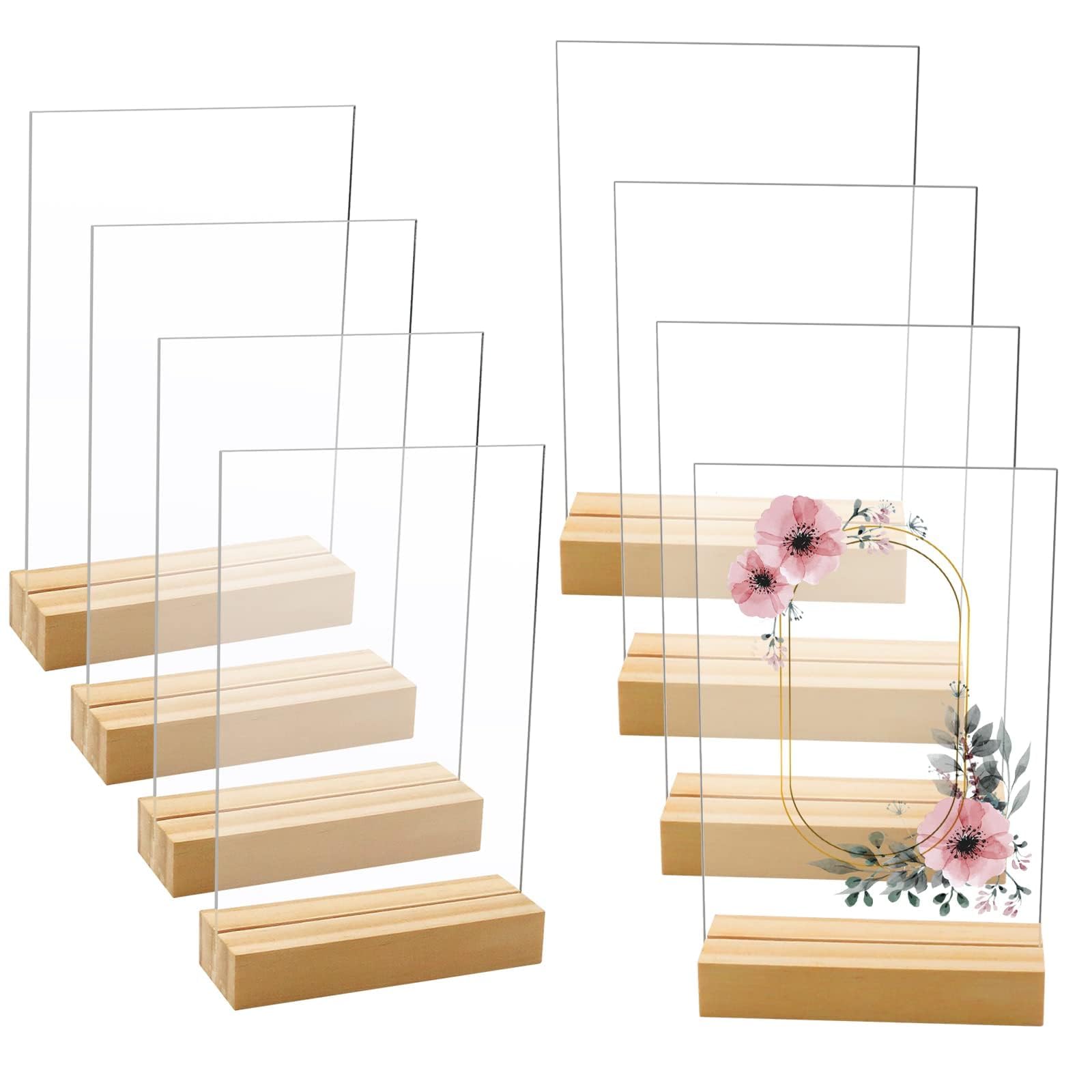 Newbested 8 Pack 5 x 7 Inch Blank Clear Acrylic Table Displays with Wooden Stands - Ideal for DIY Name Cards, Menu Numbers, and Event Party Decorations（SINGLE LAYER）