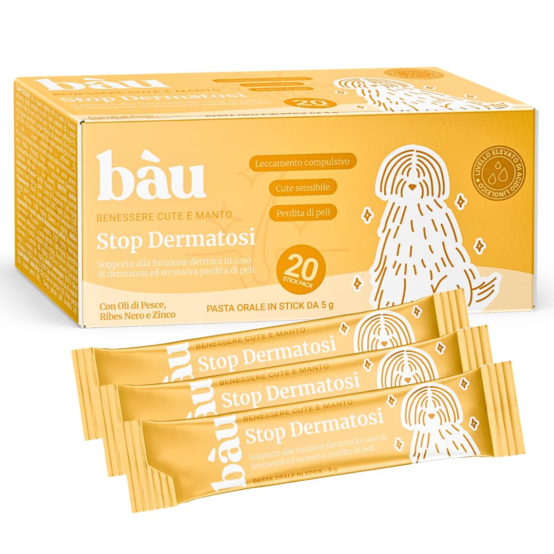 Bau Dermatite Cane e Prurito in Pasta – Stop Dermatosi Integratore Pelle e Mantello – per Perdita Pelo, Cute Irritata e Forfora – Supporto Funzione Dermica in Stick Appetibili