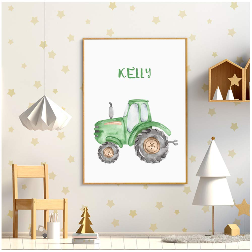 Imprimir lienzo Pintura Nombre personalizado Tractor Niños Carteles y cuadros de arte de pared de regalo para decoraciones de marco de habitación de bebé 50x70 cm / 19.7 "x 27.6" con marco