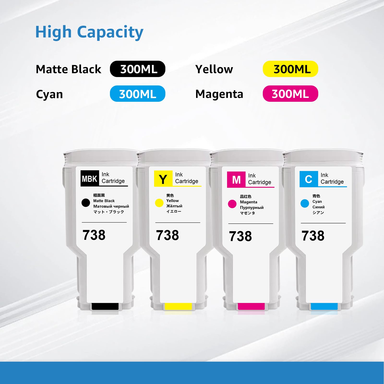738 cartucce d'inchiostro 4 X 300 ML per HPQ 738 Inchiostro compatibile con DesignJet T950 DesignJet T850 (nero opaco, magenta, giallo, ciano)