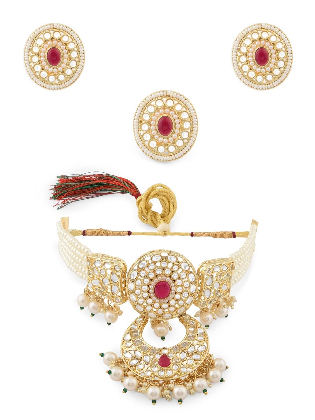 ZAVERI PEARLS Gold Tone Ethnic Multi Strand Kundan Choker Necklace Earring & Ring Set For Women-ZPFK12117 (B09RG5T99Q) Amazon Price History, Amazon Price Tracker