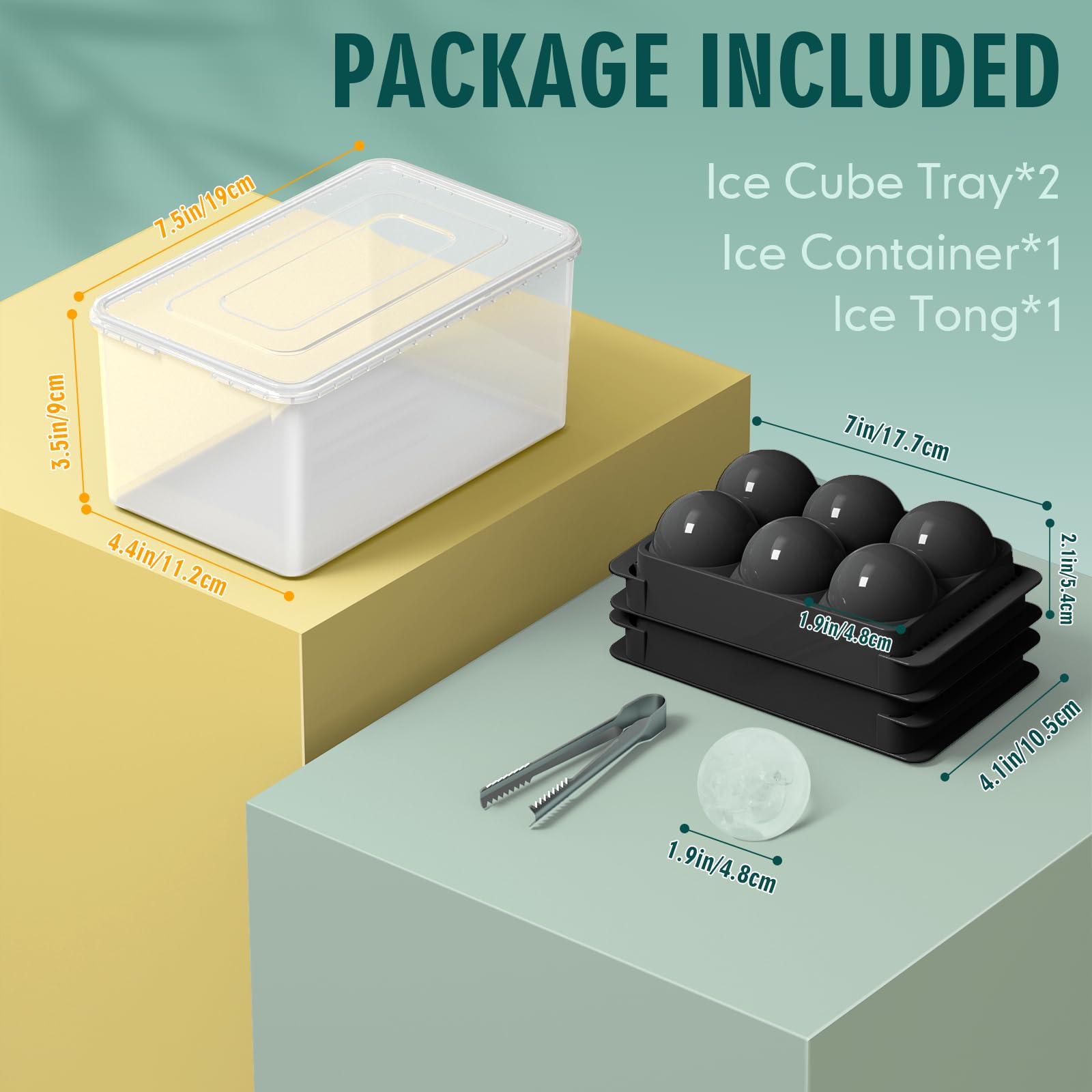 WIBIMEN Bandeja grande para cubitos de hielo, molde de hielo de whisky de 2.5 pulgadas, paquete de 2 moldes de cubitos de hielo esféricos con contenedor y pinzas, molde redondo para cubitos de hielo