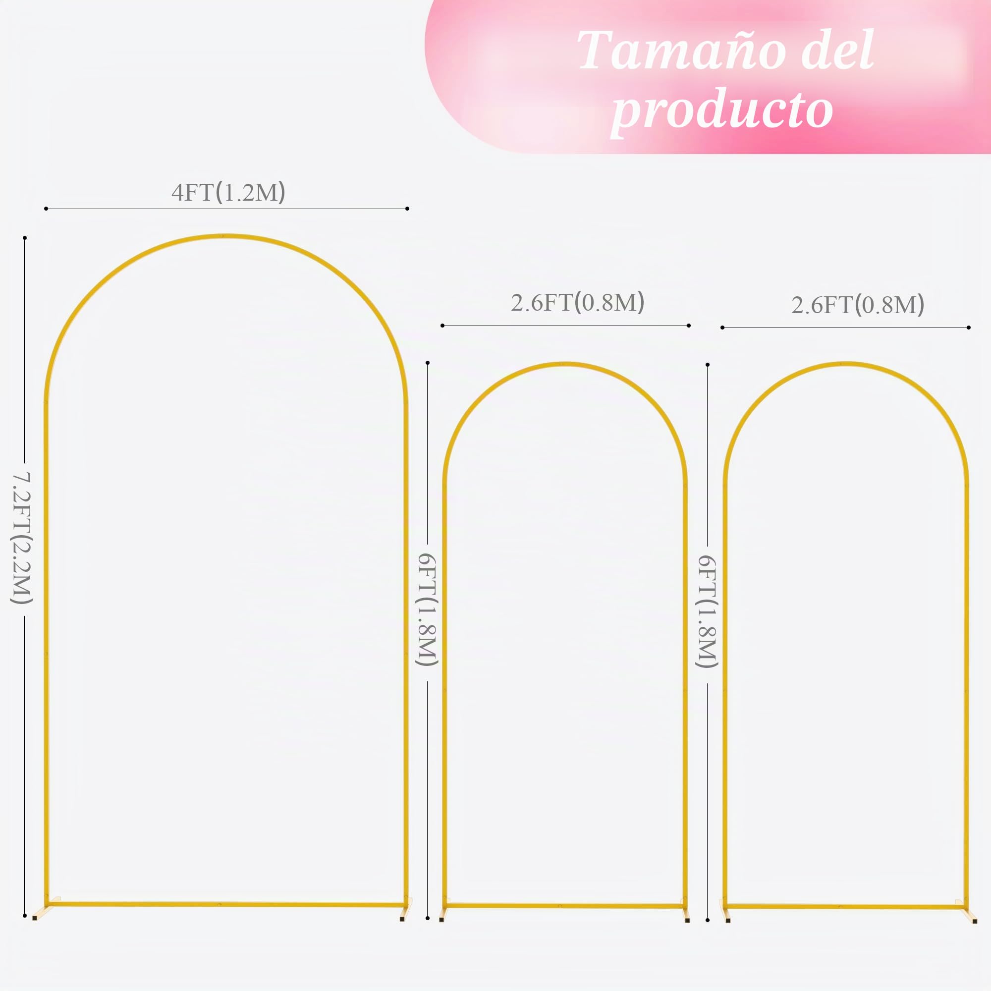 Wokceer Juego de 3 Soportes de Arco de Boda (7.2 pies, 6 pies, 6 pies) de Metal Dorado para Arco de Boda para Fiesta de cumpleaños, Ceremonia de Boda, Baby Shower, jardín, decoración de Arco de