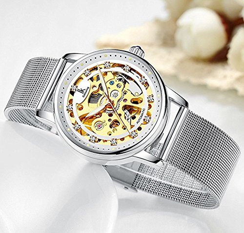 Image of Gosasa Luxury Women Automatic Mechanical Watch Gold Stainless Steel Mesh Watch Band Dress Wrist Watch