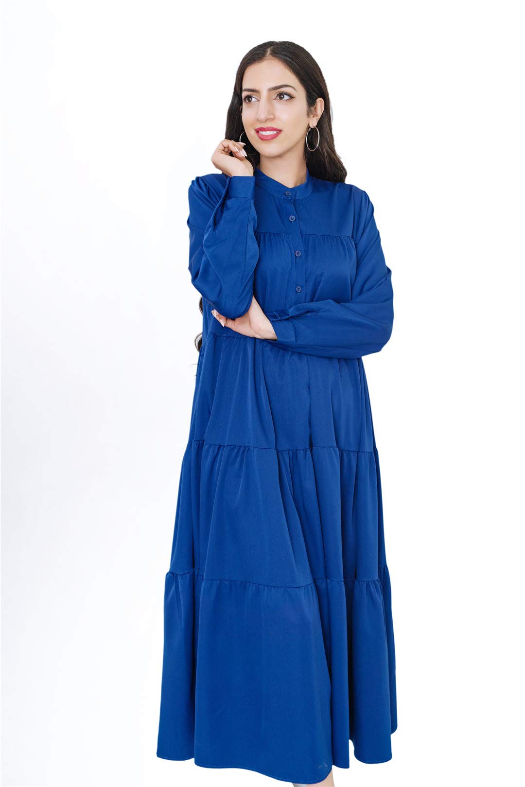 Lady Star Women Elegance Pleated Audrey Hepburn Style Round Neck Long Sleeve Swing Midi Dress 1101
