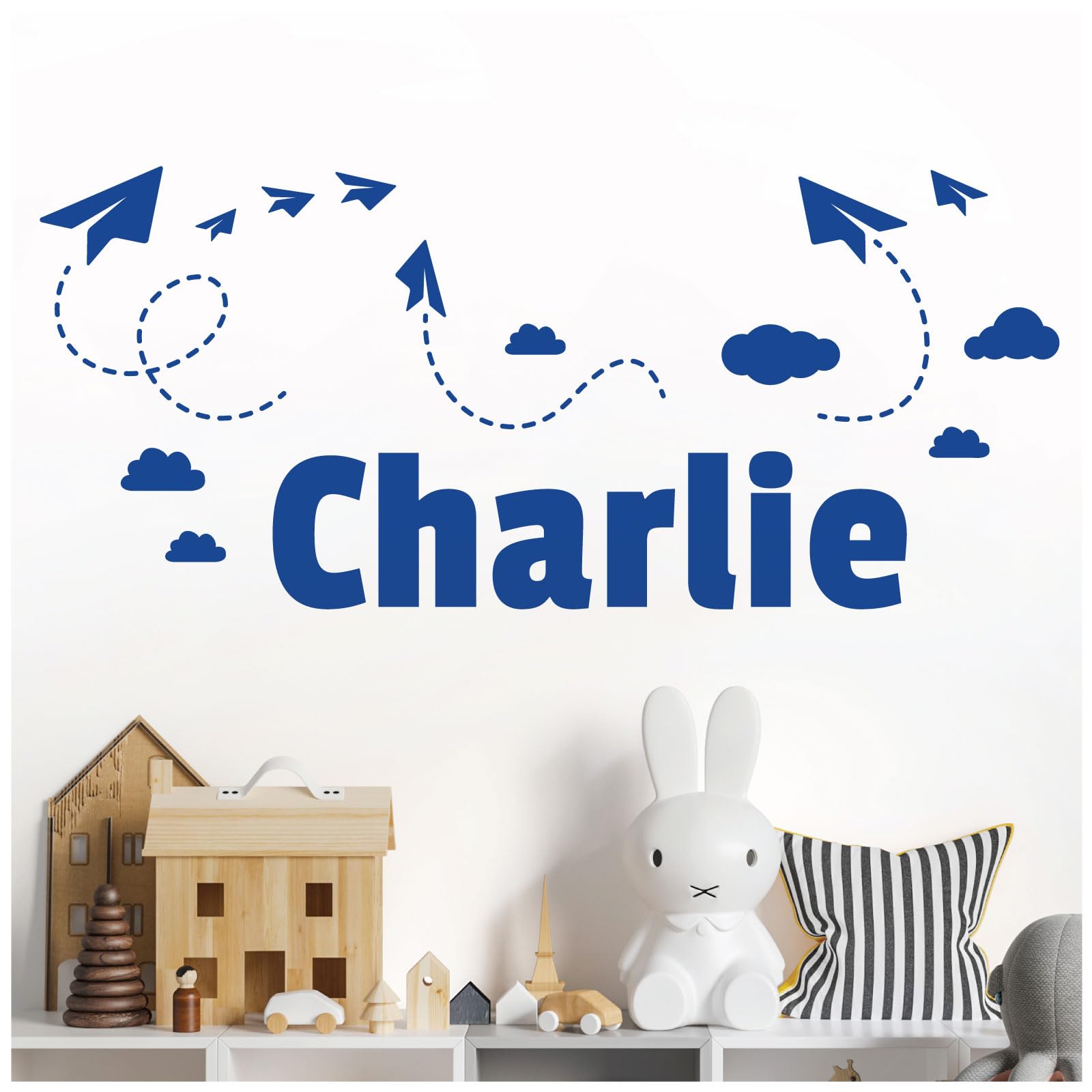 Personalised Name Children Wall Art Sticker - Sky, Paper Planes and Clouds [Large] [Mid Blue]