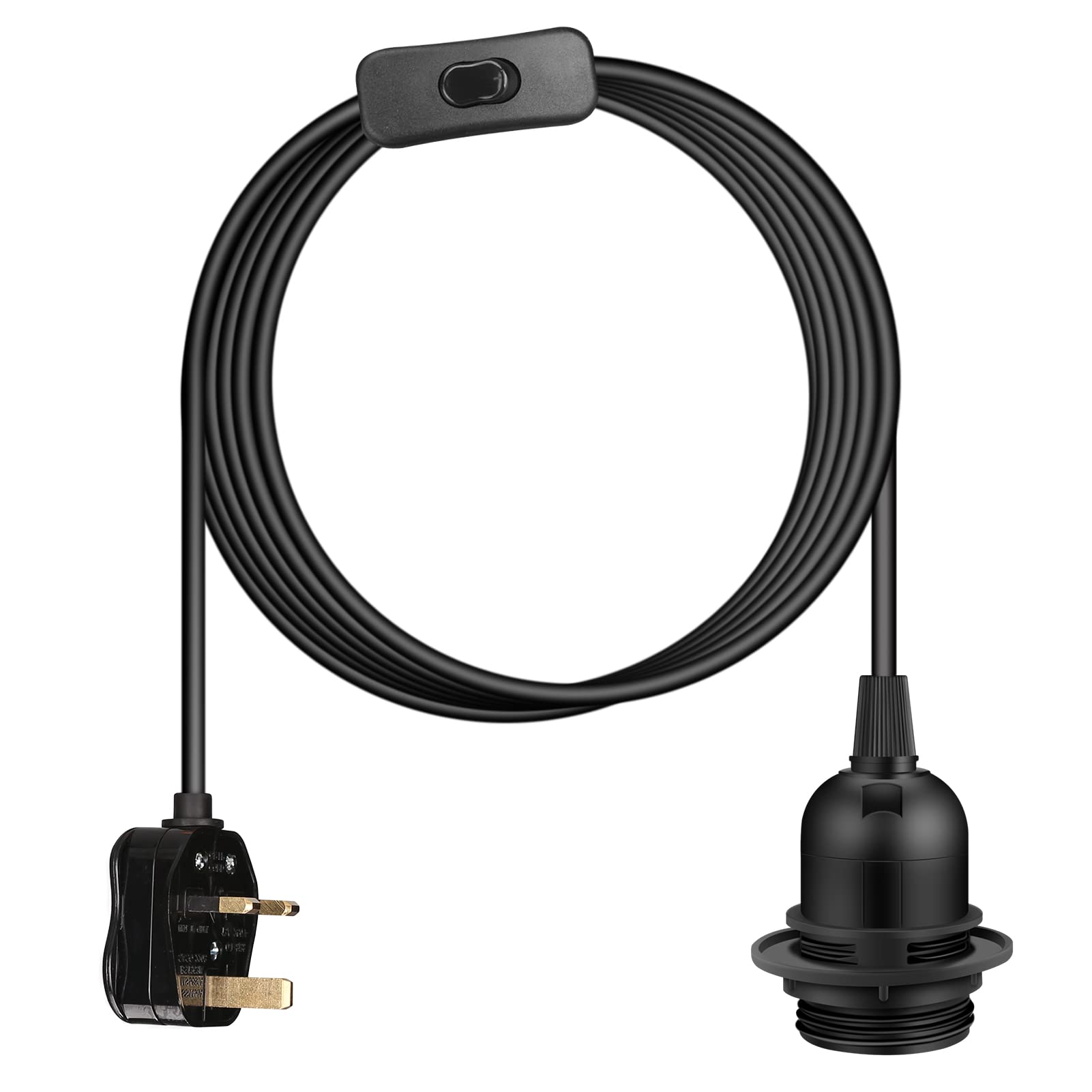 Teynewer Ceiling Pendant Light Fitting, E27 Screw Lamp Holder with Switch Suspended & Lock Ring for Shade, 2 Core Extension Cable UK Plug Pendant Light Fitting Kit (2m, Black)