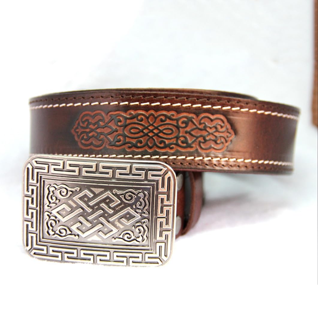 Donna Uomo Cintura Cucita Vera Pelle Vintage Western Cinturino con Stampa Country Fibbia Quadrata Argentata Fiore Inciso(125cm/49, Brown)