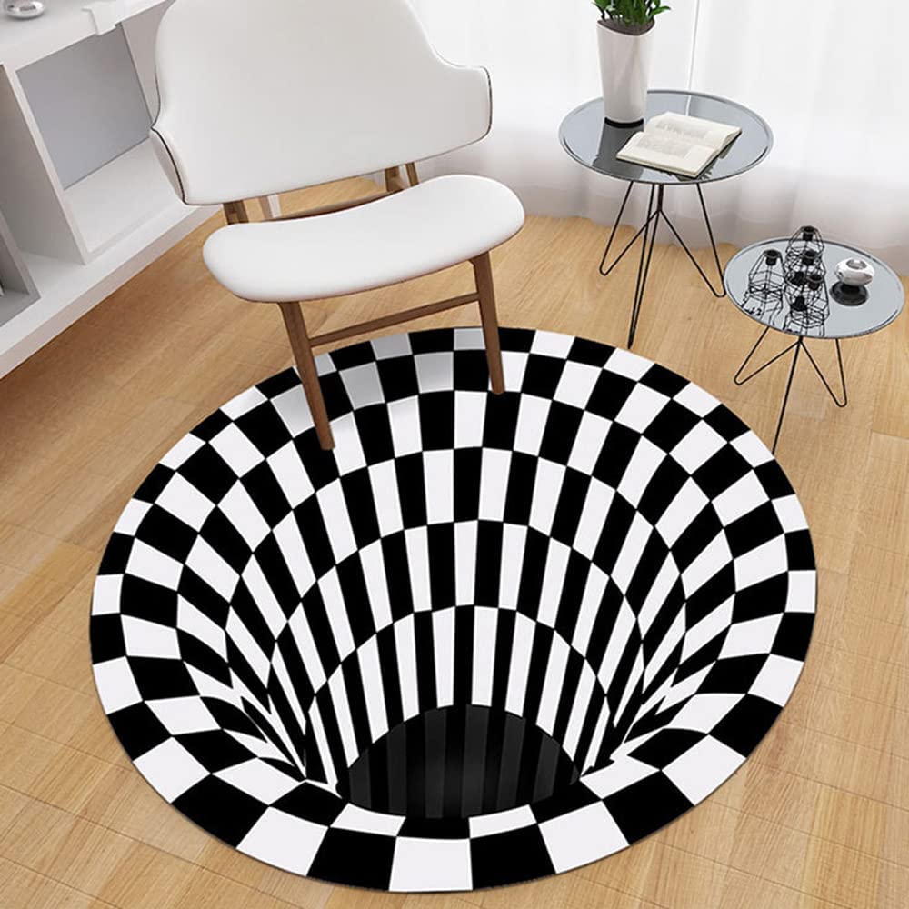 Caaju Polyester 3D Illusion Printed Non-Woven Anti-Skid Area Floor Mat, Black & White Checks Round Carpet For Bedroom, Living Room, Office (60Cm X 60Cm)