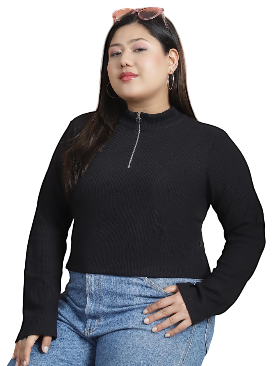 RigoWaffle Knit Solid Plus Size Top for Women | High Collar, Zipper, Slim Fit, Plus Size Top for Women | Casual Long Sleeves Western Tops for Women
