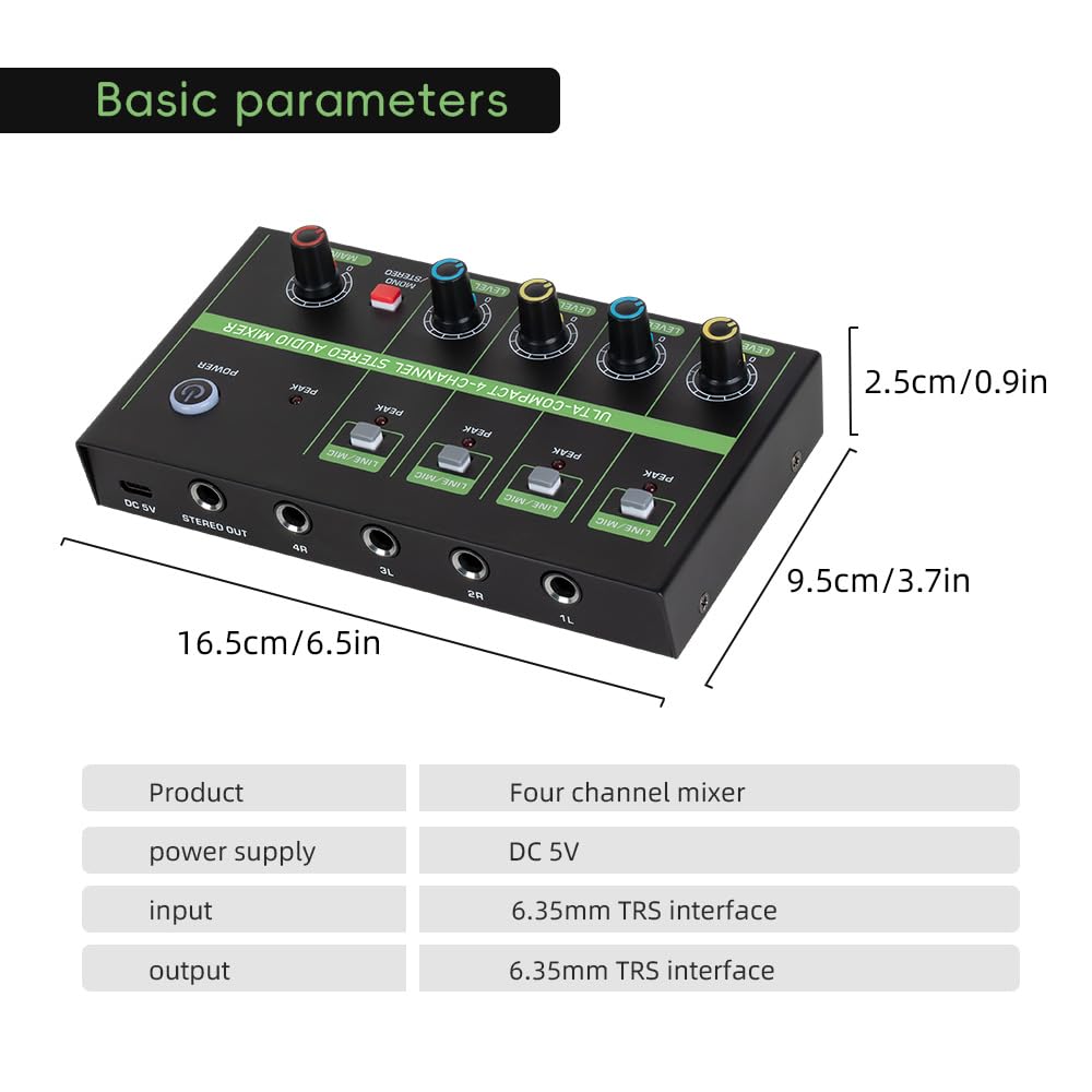 Mélangeur Audio à 4 Canaux, Microphone Portable, Mélangeur Audio Stéréo avec Commutation de Mode Ligne/micro pour Musiciens et Podcasteurs