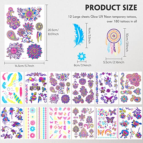 12 Sheets Large Glow In The Dark Tattoo Neon Temporary Makeup, Rave Festival Accessory, Fake Face Butterfly Tattoo Uv Blacklight For Women Party Supplies (Stylish Style) #TOP1