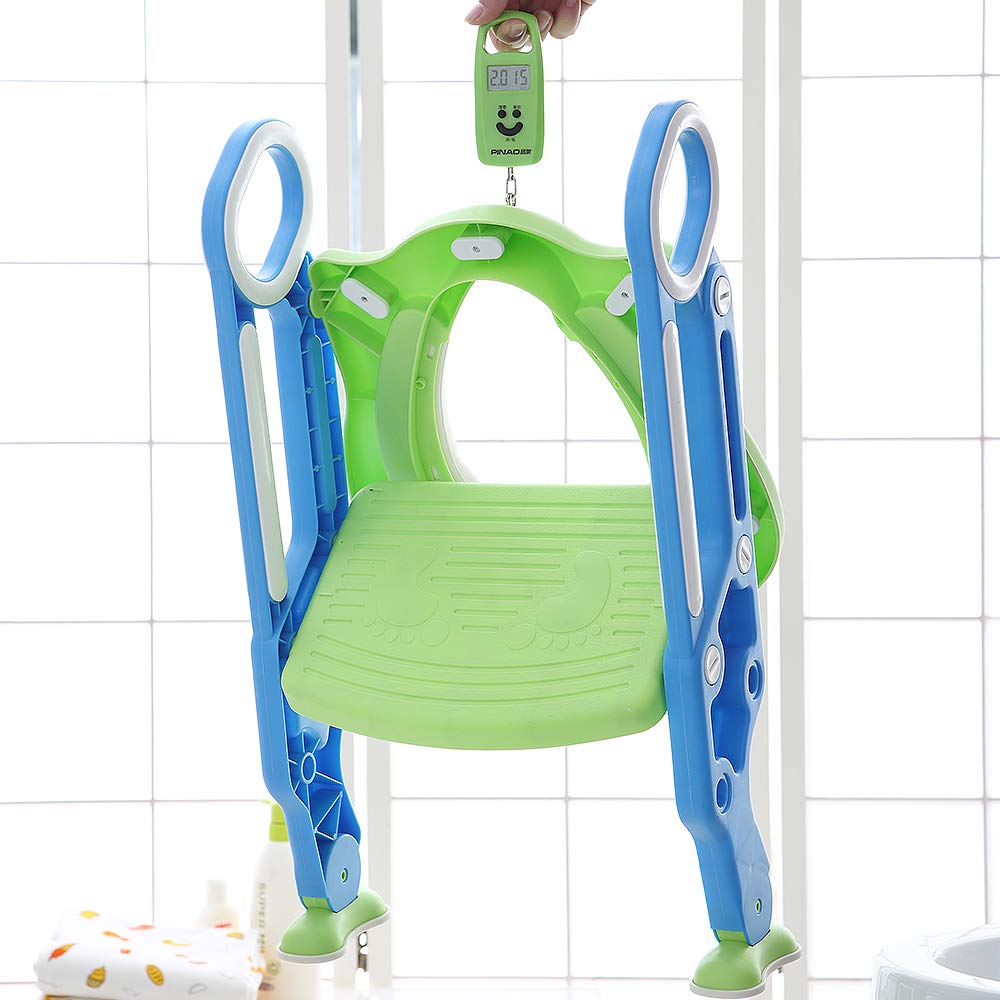 Reductor WC niños Aseo Asiento con Escalera, Orinales para niños Asiento para inodoro de bebe Orinal infantil Formación, Antideslizante, Plegable, Altura Ajustable para 1-7 niños (azul-verde)