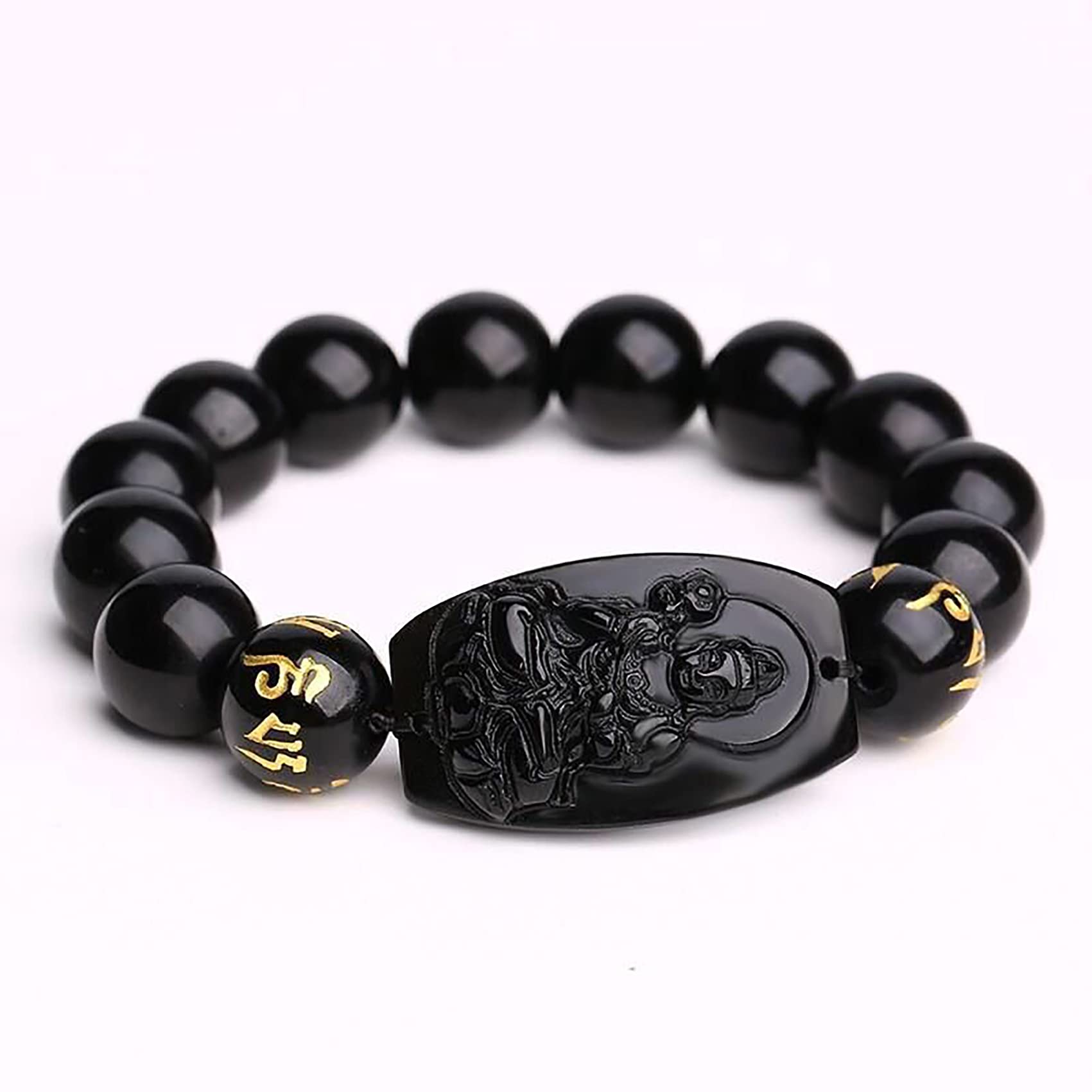 WZGWDC Bracciale Feng Shui, Bracciale Bracciale con ciondoli Naturale Portafortuna Otto Santi Patroni Ciondolo per Mantra a Sei Caratteri Ossidiana Tathagata Buddha Amuleto Attrarre Denaro PRO