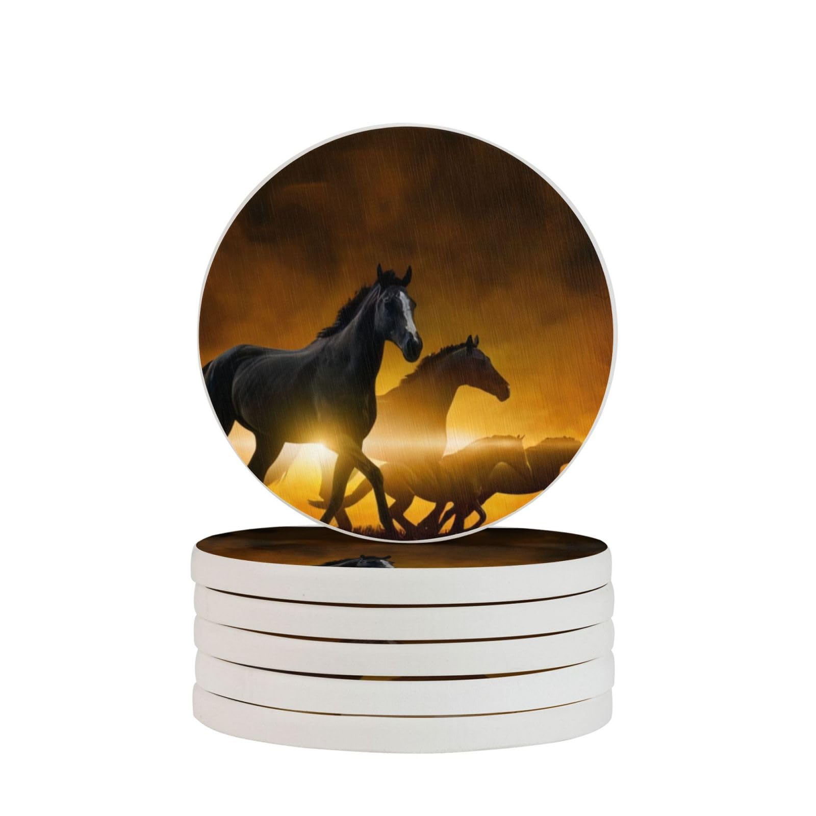 Dessous de verre rond en diatomite avec imprimé chevaux noirs pour table