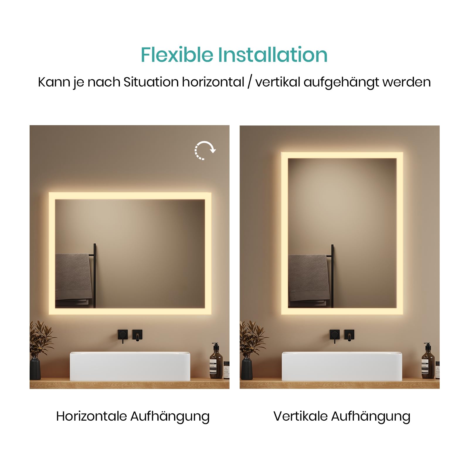 EMKE® Badspiegel mit Beleuchtung 80x60cm Badezimmerspiegel Warmweiß 3000K Wandschalter Vertikal/Horizontal Montage Badezimmer Spiegel mit Beleuchtung IP44 Energiesparend