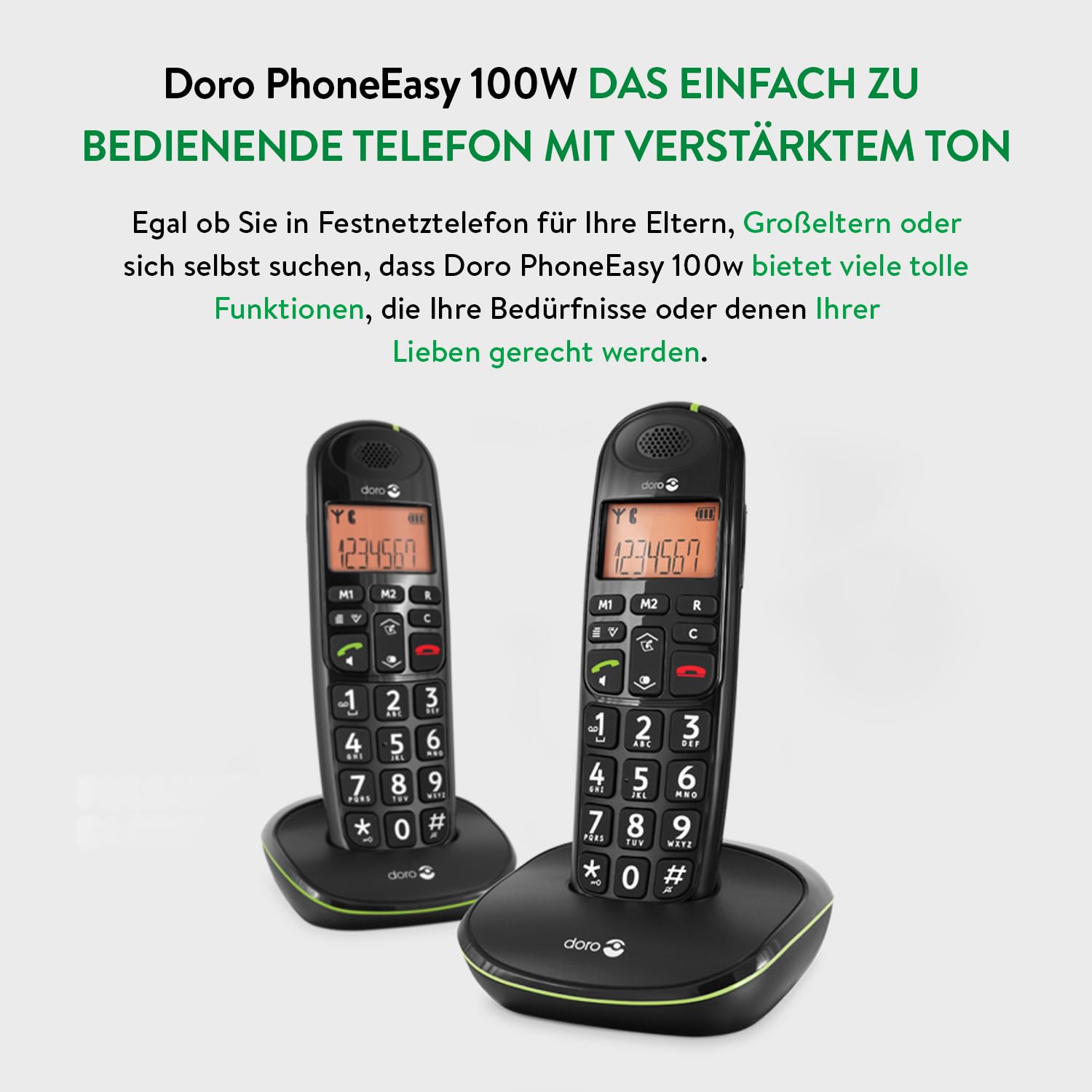 DORO - Doro PhoneEasy 100w - Schnurloses Festnetztelefon - Große Displayanzeige - Extra große Tasten - Freisprechfunktion - Lauter Klingelton - Lautstärkeregler - Schwarz